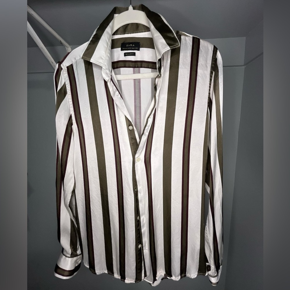 Zara Men's Striped Shirt - White and Olive